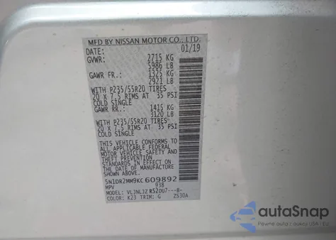 2019 Nissan Pathfinder Platinum из США, поврежденный, VIN 5N1DR2MM9KC609892